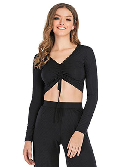 Solid Drawstring Long Sleeves Wide Leg Yoga Suits