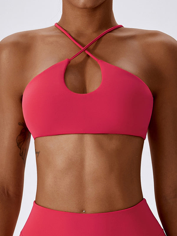 Padded Back Cross Hollow Solid Color Halter-Neck Sports Bra