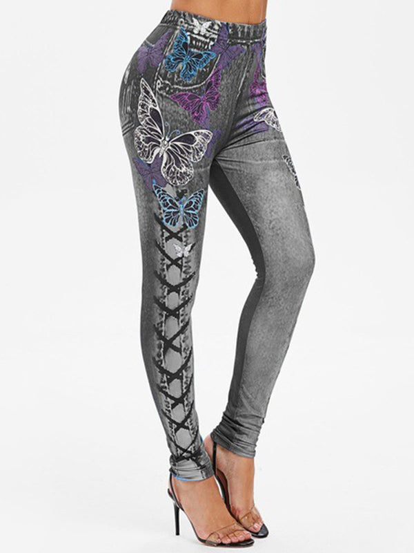 Fashion High-Waisted Butterflies Print Slim Fitness Leggings