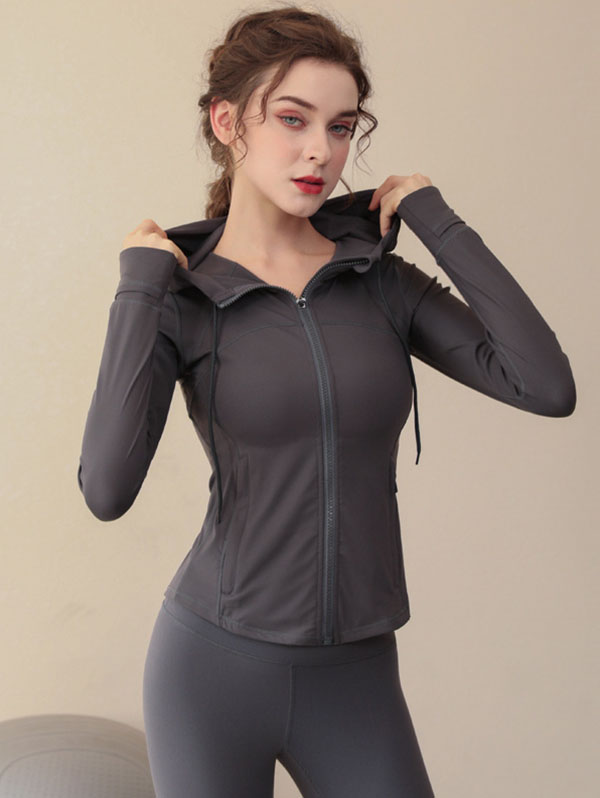 Skinny Wrap Hooded Solid Color Zipper Yoga Tops