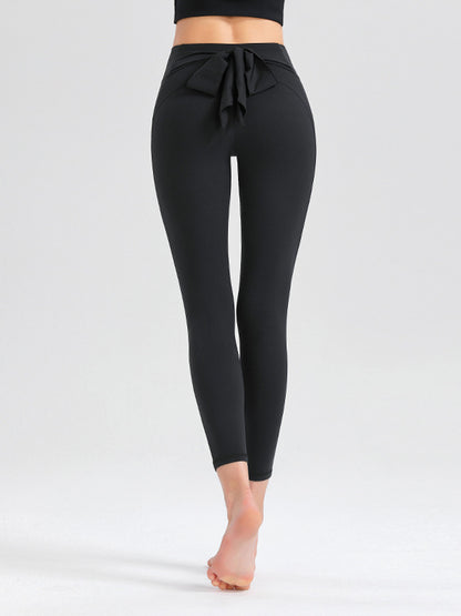 Bow-Embellished Solid Color Tights Skinny Wrap Yoga Bottoms