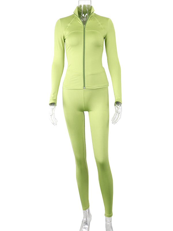 Solid Color Zip Stand Collar Yoga Suits