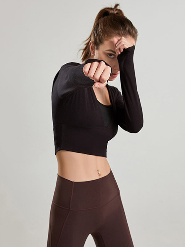 Cropped Long Sleeves Hooded Solid Color Split-Joint U-Neck Yoga Tops