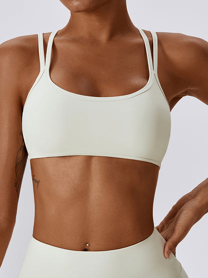 Wrap Back Cross Hollow Solid Color Spaghetti-Neck Sports Bra