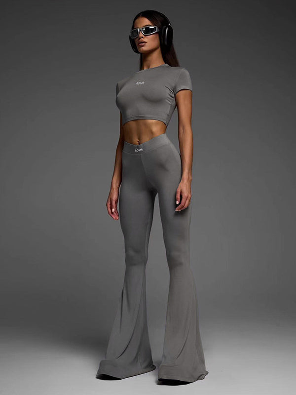 Cropped Letter Print Round-Neck Tee&Flared Pants Suits