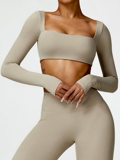 Skinny Wrap Solid Color Square-Neck Yoga Tops