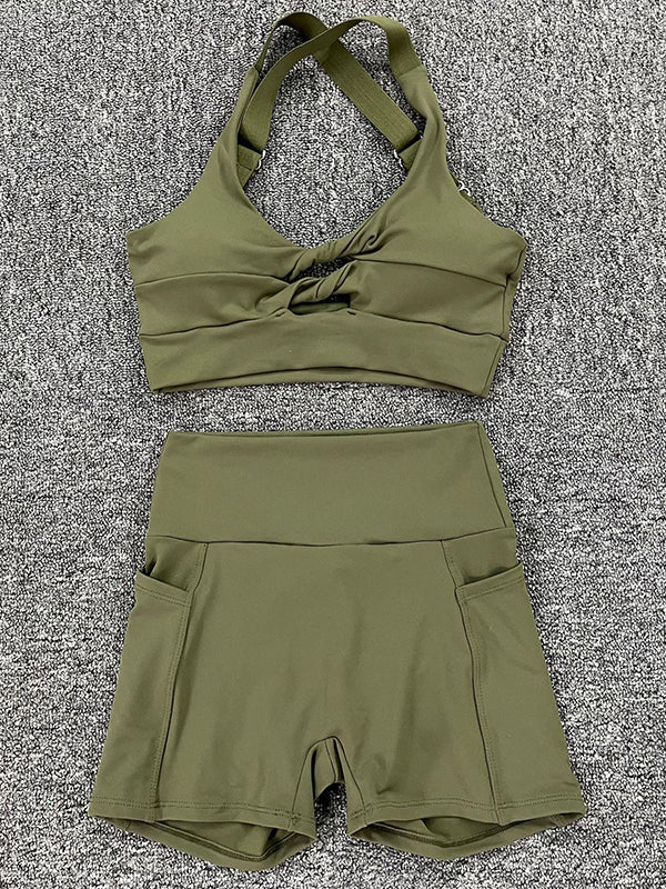 Skinny Wrap Hollow Halter-Neck Sports Bra&Pockets Shorts Solid Color Suits