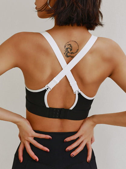 Skinny Wrap Back Cross Color-Block Spaghetti-Neck Sports Bra