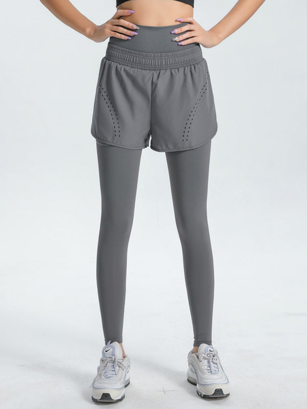 False Two Wrap High-Waisted Solid Color Sports Shorts&Leggings