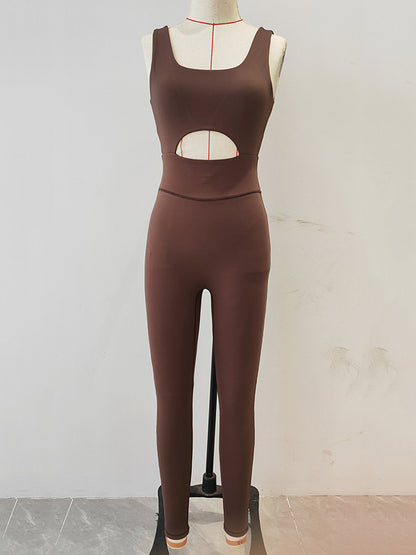 Skinny Hollow Solid Color V-Back Spaghetti-Neck Yoga Jumpsuits