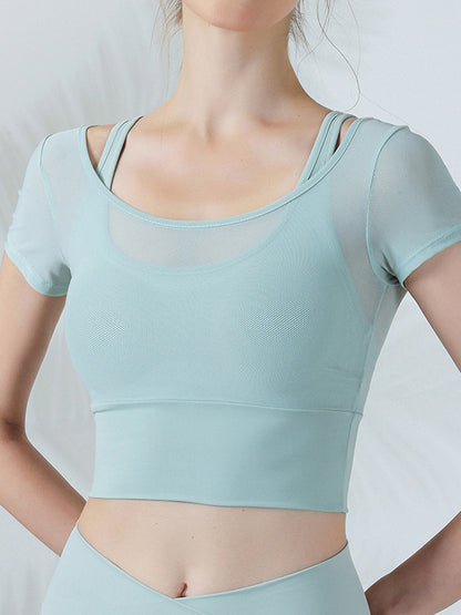 False Two Skinny Hollow Solid Color Split-Joint Spaghetti-Neck Yoga Tops