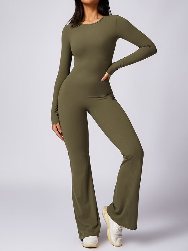 Flared Pants Backless Pleated Solid Color Round-Neck Jumpsuits