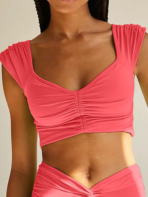 Wrap Hollow Pleated Solid Color Yoga Tops