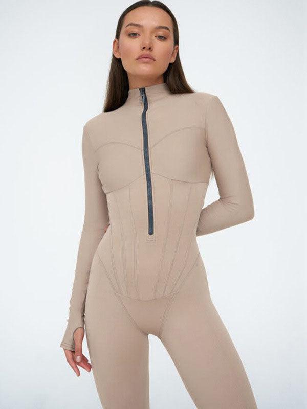 Long Sleeves Skinny Solid Color Zipper Stand Collar Jumpsuits