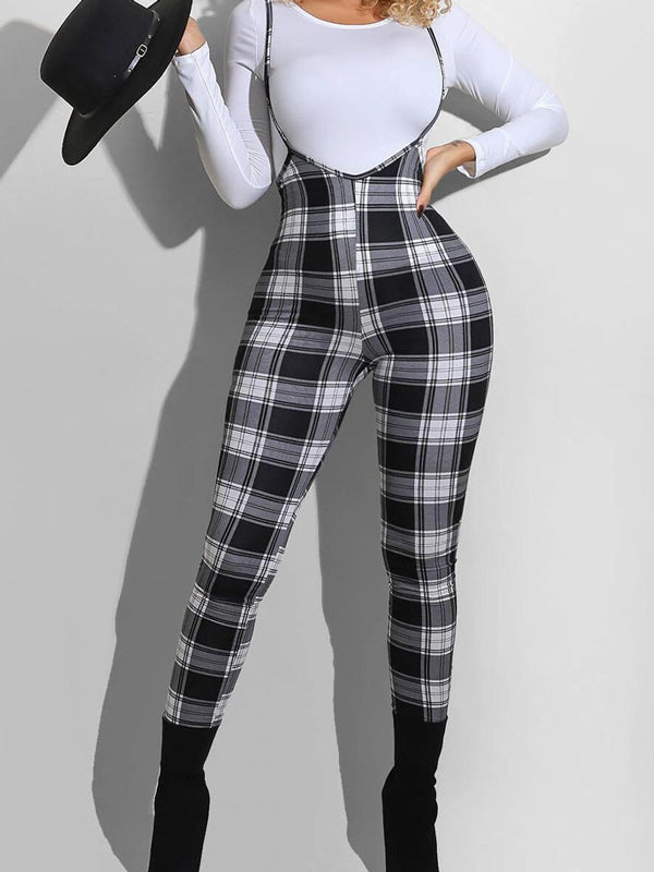 Check Print Stretch Slim Fit Jumpsuits