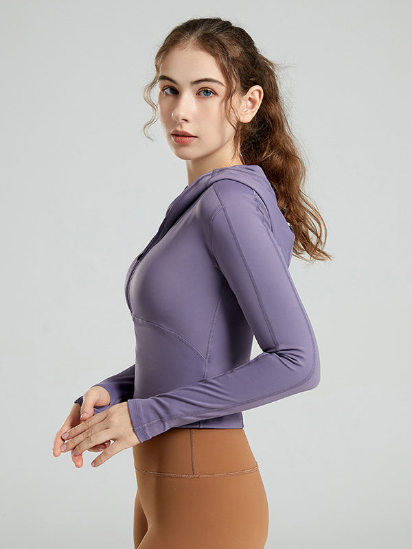 Long Sleeves Wrap Hood Solid Color Zipper V-Neck Yoga Tops