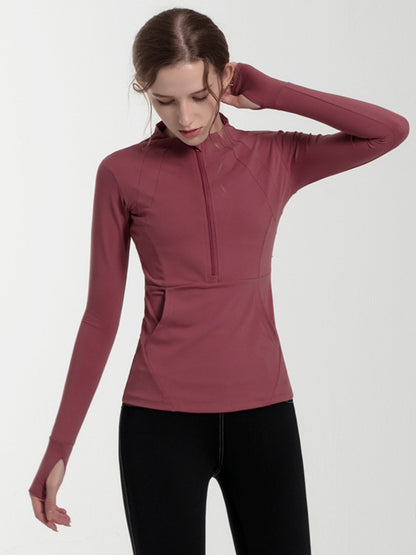 Long Sleeves Skinny Pockets Solid Color Zipper Yoga Tops