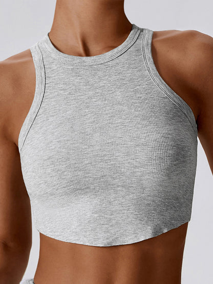 Sleeveless Wrap Solid Color Round-Neck Sports Tank