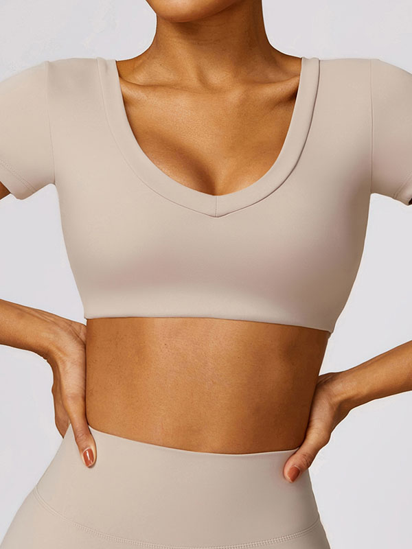 Long Sleeves Wrap Solid Color V-Neck Yoga Tops