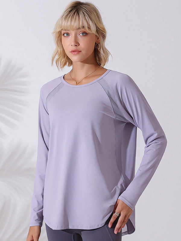 Long Sleeves Loose Hollow Solid Color Round-Neck Yoga Tops