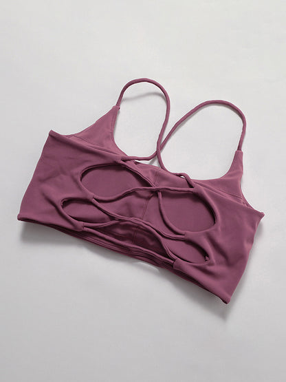 Back Cross Hollow Solid Color Spaghetti-Neck Sports Bra