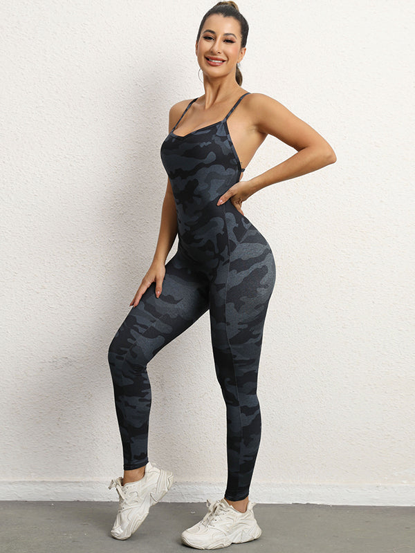 Wrap Skinny Hollow Backless Camouflage Spaghetti-Neck Jumpsuits