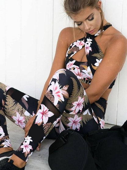 Flower Printed Front Cross Tanks And Leggings Suits