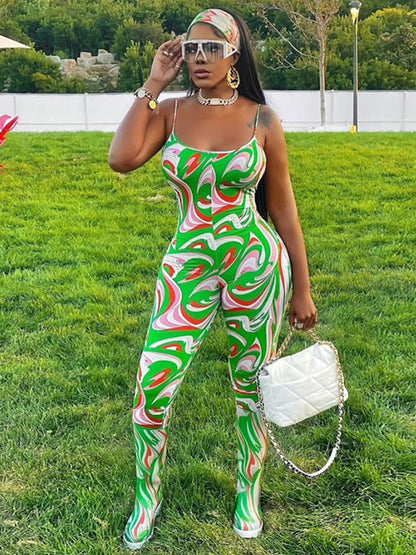 Fashion Printed Open Back Suspender High Waist Jumpsuits