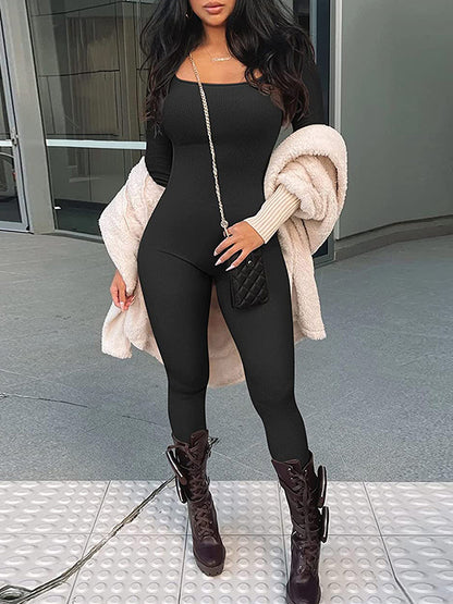 Sports Skinny Long Sleeves Solid Color Square-Neck Jumpsuits Bottoms