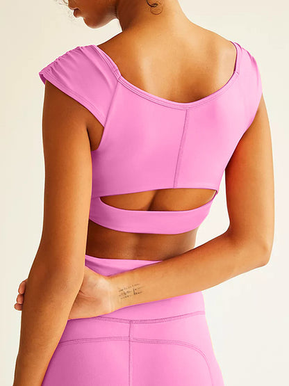 Wrap Hollow Pleated Solid Color Yoga Tops