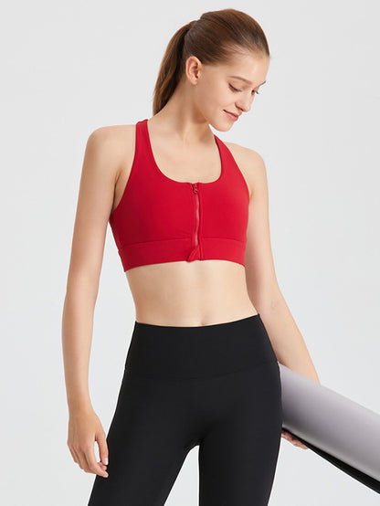 Skinny Wrap Solid Color Zipper Spaghetti-Neck Sports Bra