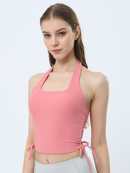 Backless Drawstring Solid Color Halter-Neck Yoga Tops