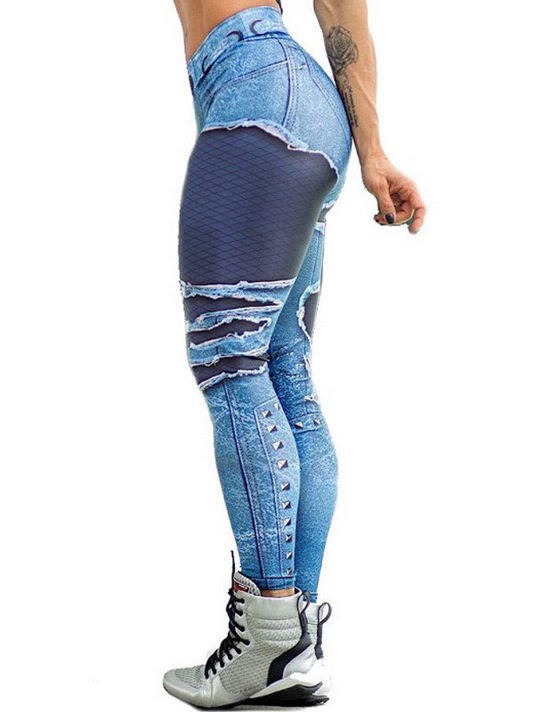 Hip-Lift Printed Denim Patchwork Sport Legging