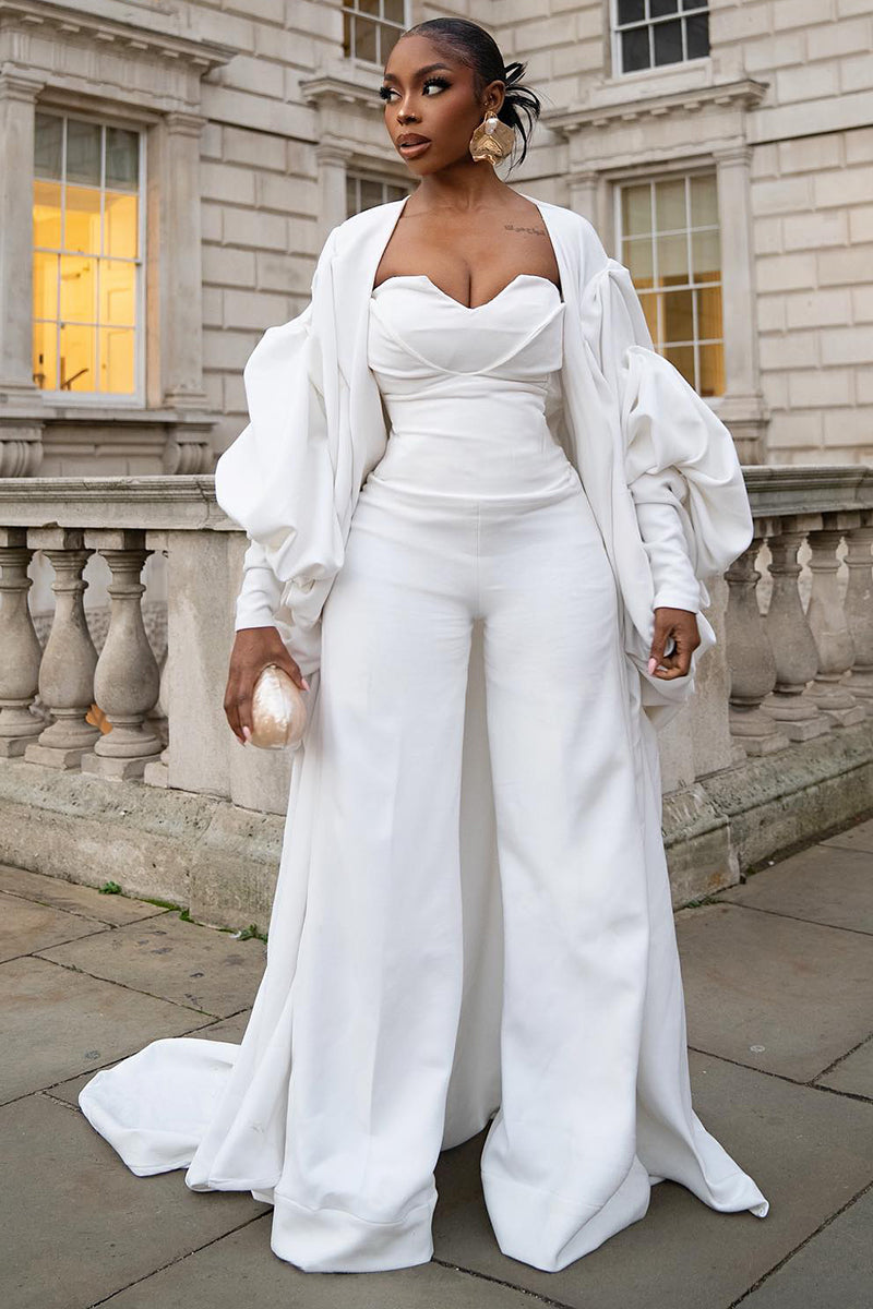 Oversized Ruched Puffy Sleeve Long Coat Corset Tube Wide Leg Jumpsuit Matching Set_Set(Coat+Jumpsuit