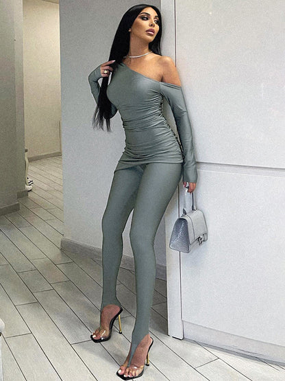 Skinny Wrap Hollow Pleated Solid Color One-Shoulder Shirts Tops&Pants Suits