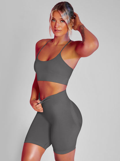 Solid Color Back Crossover Bra & Leggings Sports Suits