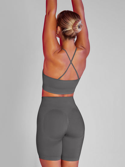 Solid Color Back Crossover Bra & Leggings Sports Suits