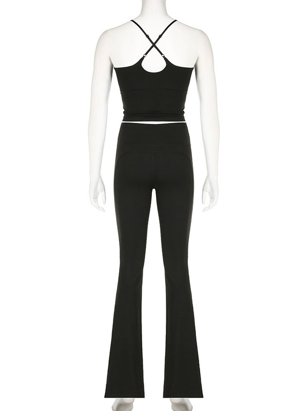 Skinny Back Cross Hollow Solid Color Spaghetti-Neck Tank&Pants Suits