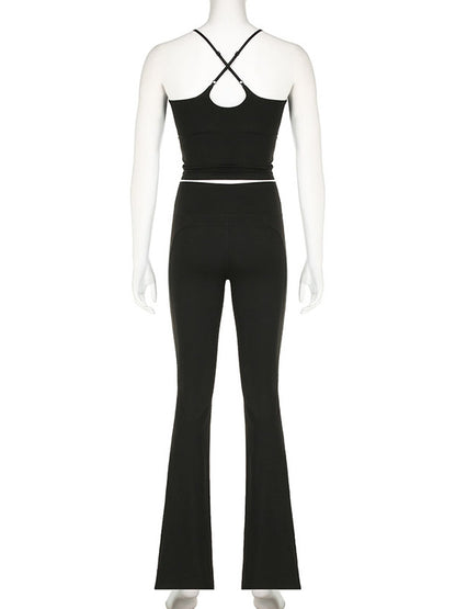 Skinny Back Cross Hollow Solid Color Spaghetti-Neck Tank&Pants Suits