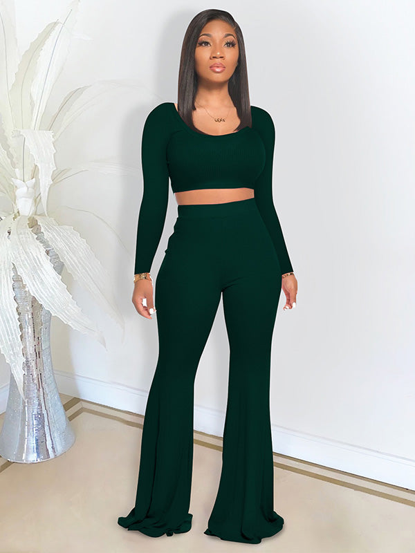 Leisure Solid Color Long Sleeve Top High-Waisted Flared Pants Sports Suit