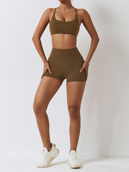 Skinny Wrap Hollow Sports Bra&Shorts Solid Color Spaghetti-Neck Suits