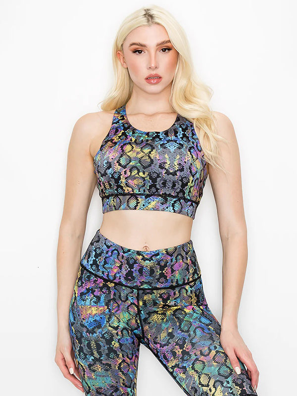 Plus Size High-Waisted Hollow Snakeskin Printed Spaghetti-Neck Bra&Leggings Suits