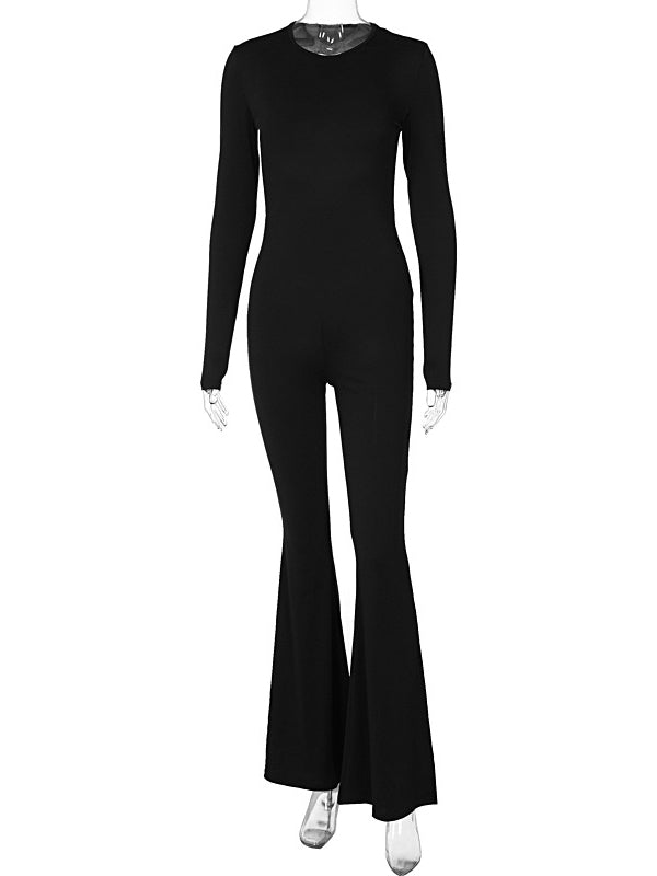 Flared Pants Long Sleeves Backless Solid Color Round-Neck Jumpsuits