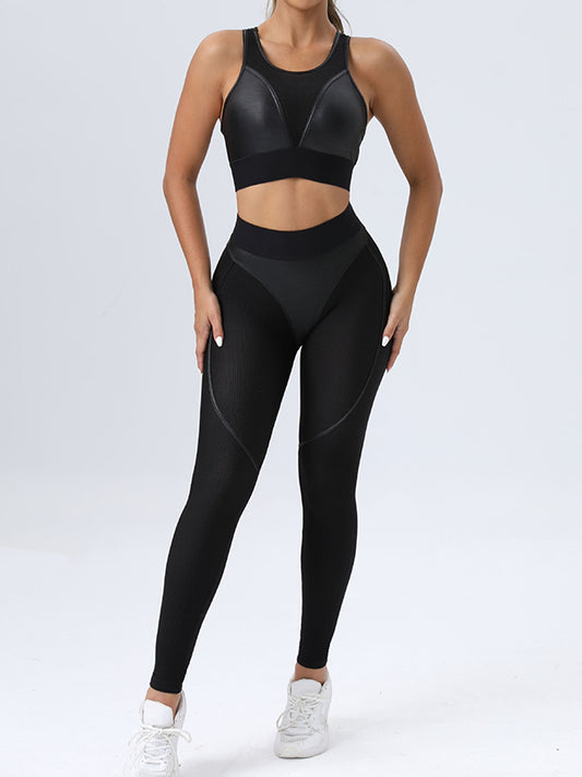 Skinny Wrap Contrast Color Spaghetti-Neck Sports Bra&Leggings Suits