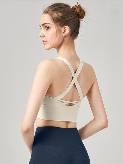 Skinny Wrap Yoga Tops Back Cross Hollow Solid Color Spaghetti-Neck Bra