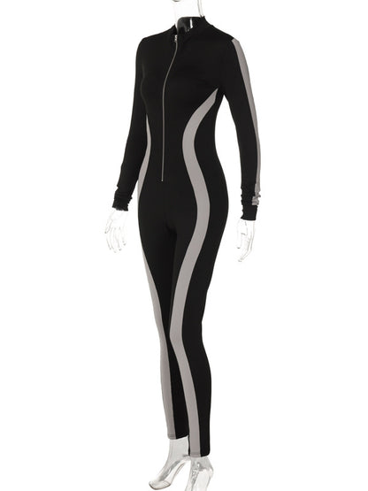 Long Sleeves Skinny Contrast Color Zipper Round-Neck Jumpsuits