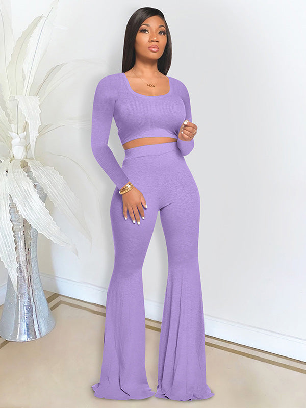 Leisure Solid Color Long Sleeve Top High-Waisted Flared Pants Sports Suit