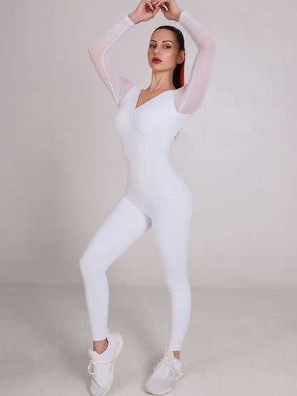 Skinny Wrap Mesh Solid Color Split-Joint V-Neck Jumpsuits