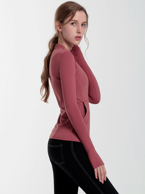 Solid Color Breathable Quick-Dry Zipper Collar Long Sleeves Wrap Sport Tee