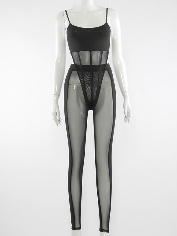 Hollowed Split-Joint Mesh Bodysuits&Leggings Sports Suits